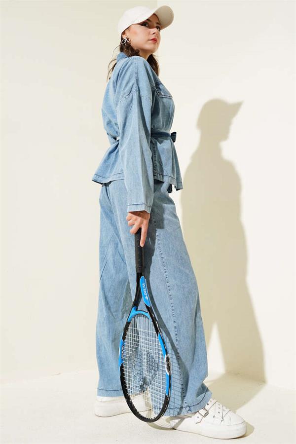 Pocket Flap Buttoned Belted Denim 2 Piece Set Denim Blue