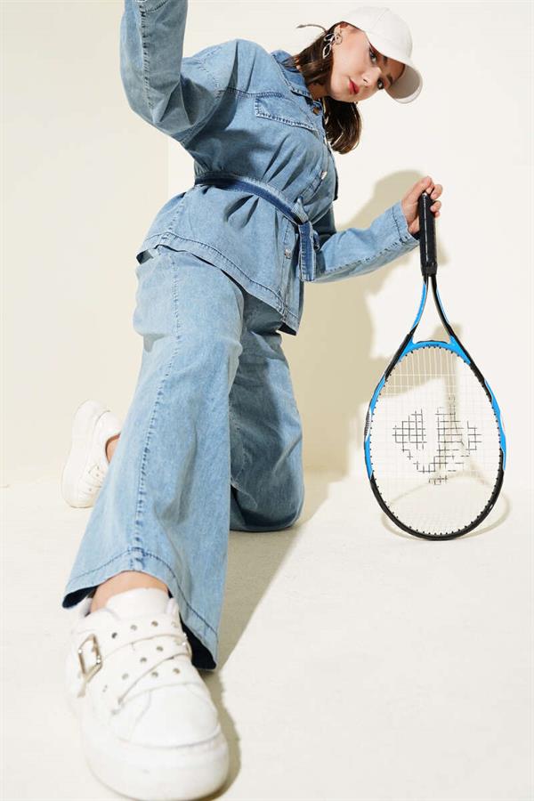 Pocket Flap Buttoned Belted Denim 2 Piece Set Denim Blue