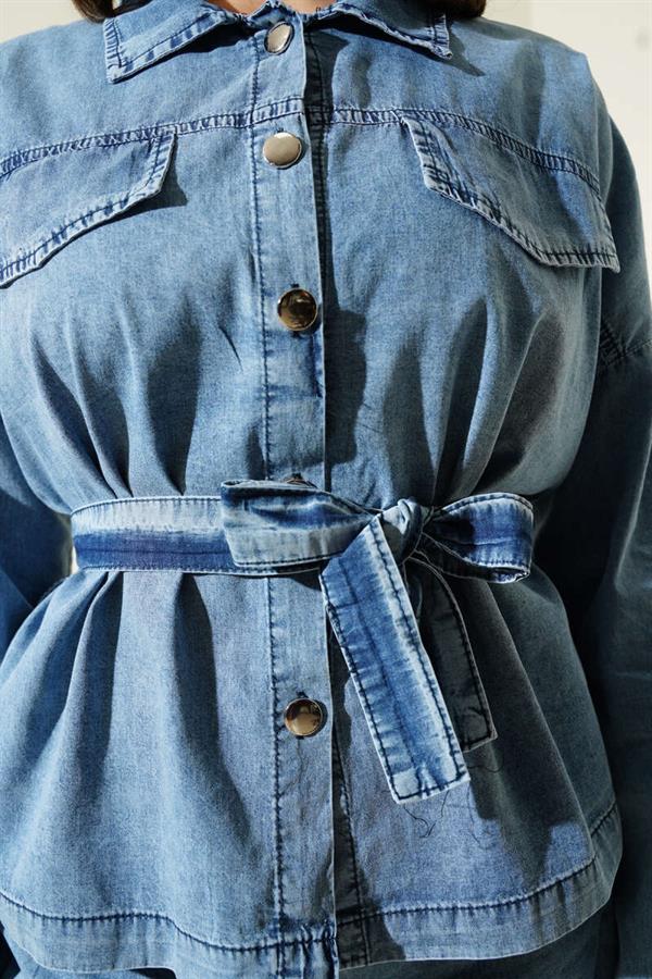 Pocket Flap Buttoned Belted Denim 2 Piece Set Denim Blue