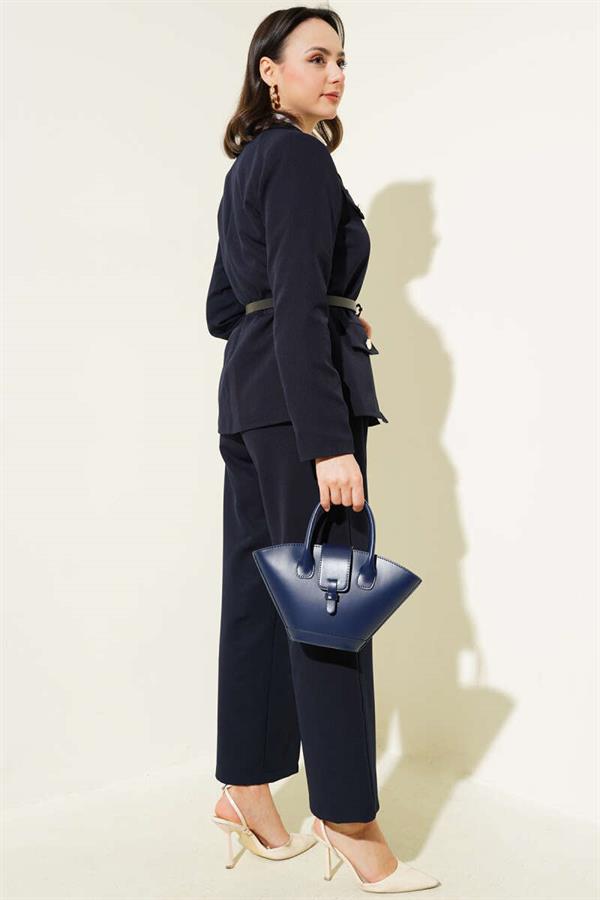 Pocket Flap Belted Jacket 2 Piece Set Navy Blue