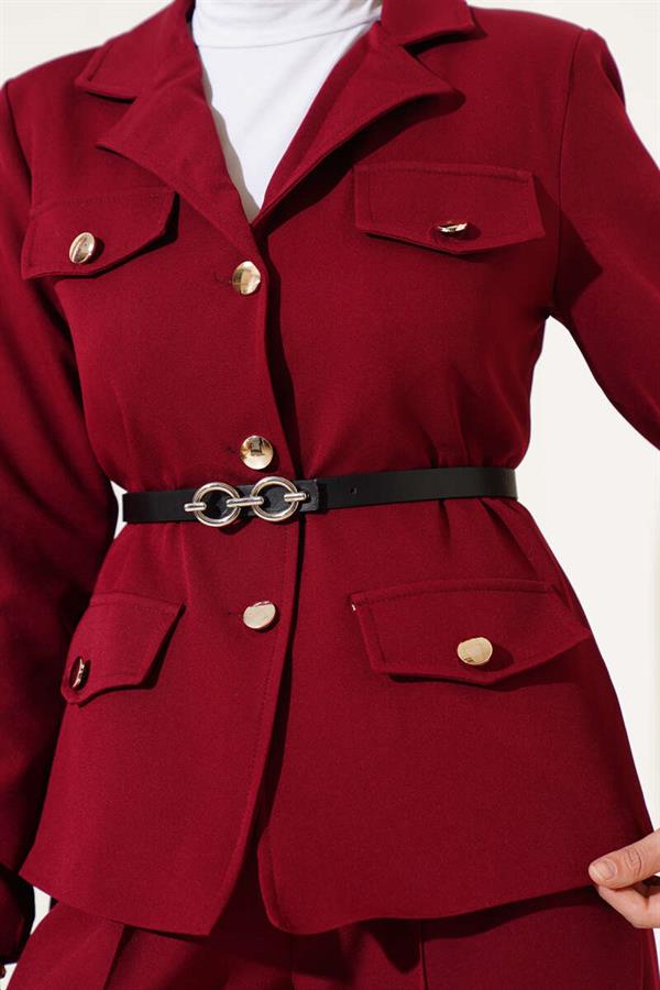 Pocket Flap Belted Jacketed 2 Piece Set Claret Red