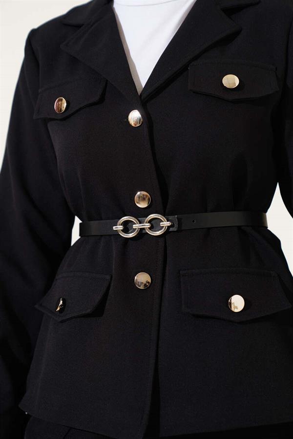 Pocket Flap Belted Jacket 2 Piece Set Black