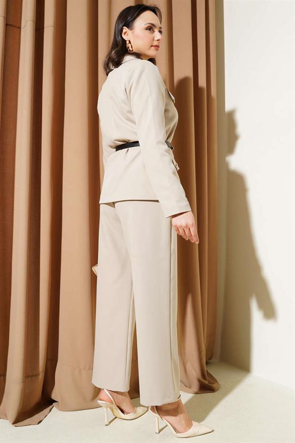 Pocket Flap Belted Jacket 2 Piece Set Beige