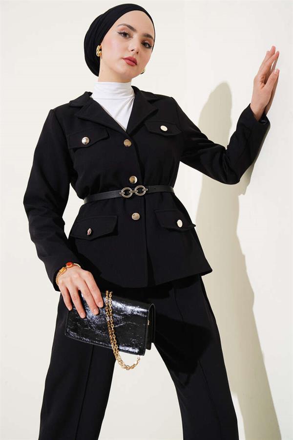 Pocket Flap Belted Jacket 2 Piece Set Black