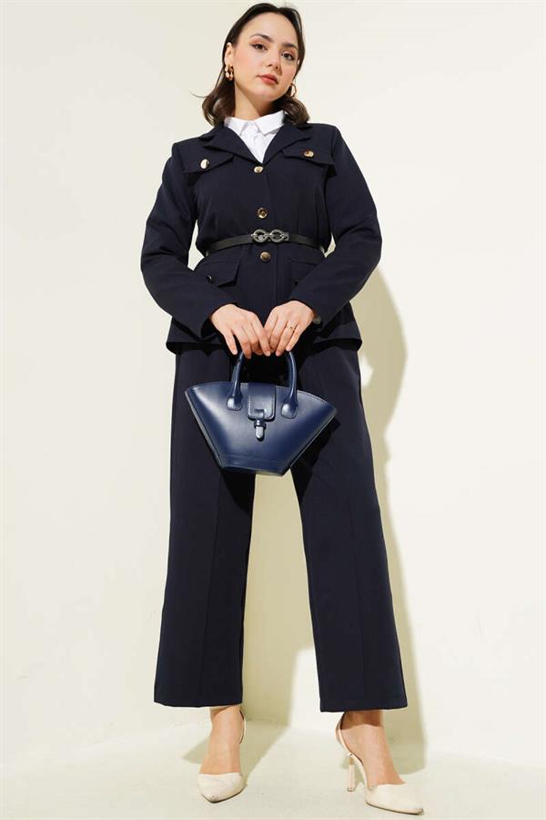 Pocket Flap Belted Jacket 2 Piece Set Navy Blue