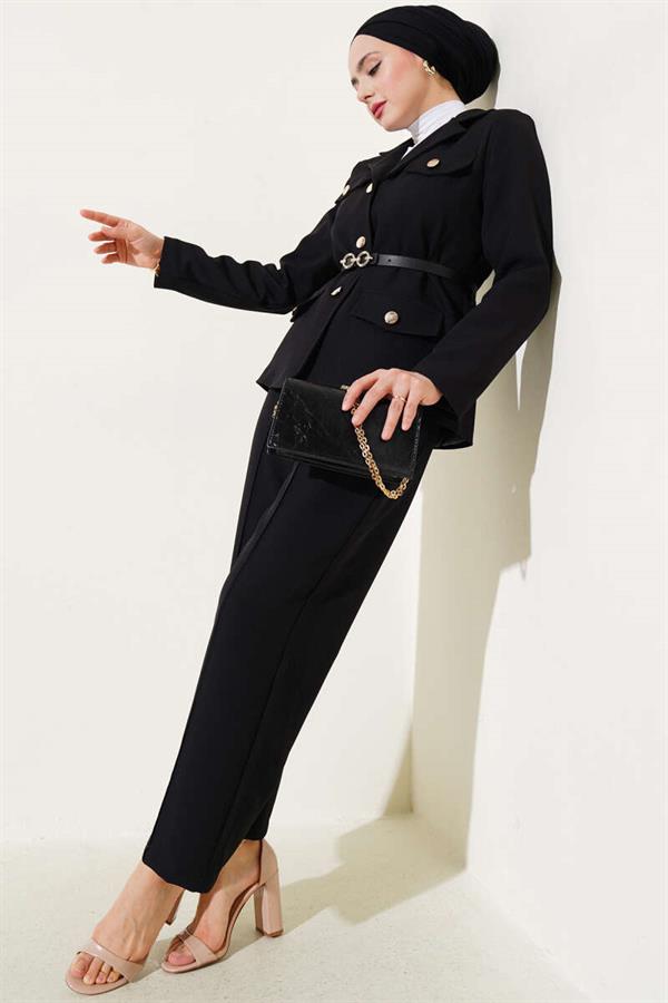 Pocket Flap Belted Jacket 2 Piece Set Black