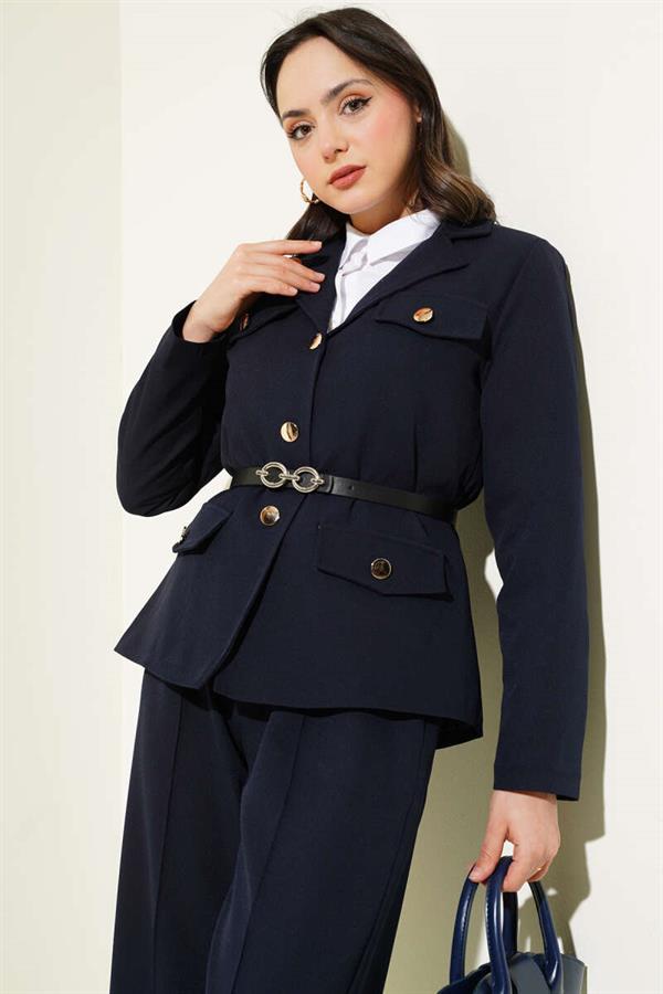 Pocket Flap Belted Jacket 2 Piece Set Navy Blue