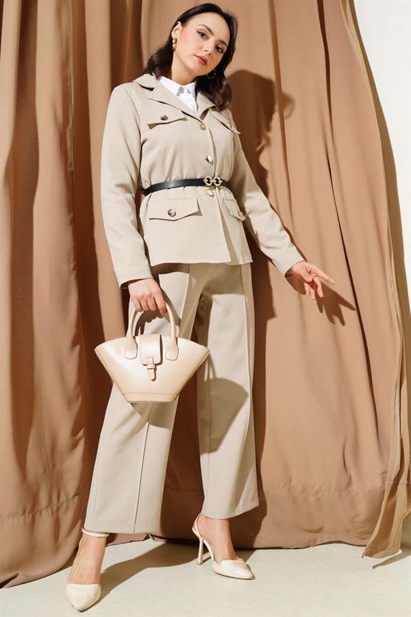 Pocket Flap Belted Jacket 2 Piece Set Beige
