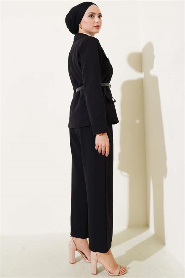 Pocket Flap Belted Jacket 2 Piece Set Black