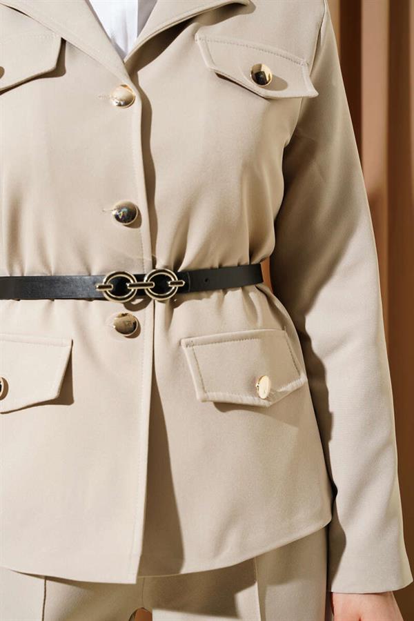 Pocket Flap Belted Jacket 2 Piece Set Beige