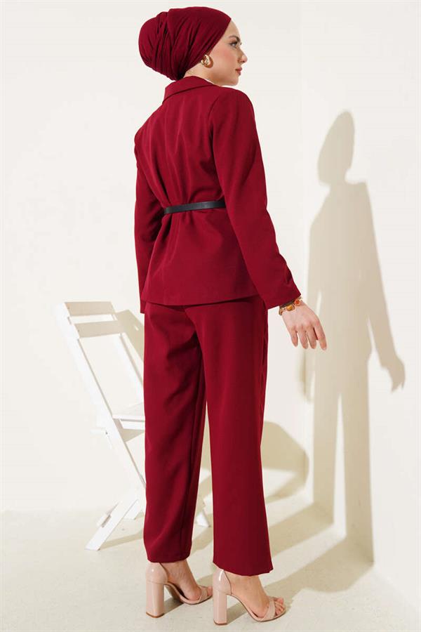 Pocket Flap Belted Jacketed 2 Piece Set Claret Red