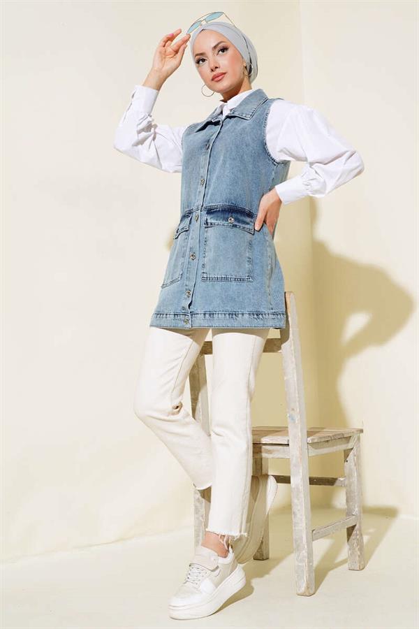 Denim Vest with Pocket Flap Denim Blue