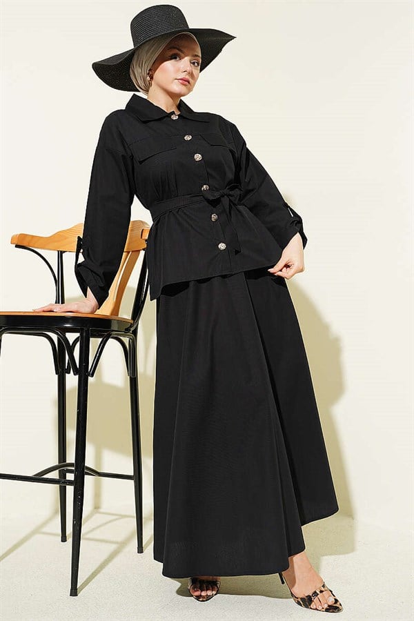 Black Skirt 2 Piece Set with Pocket Flaps and Belt