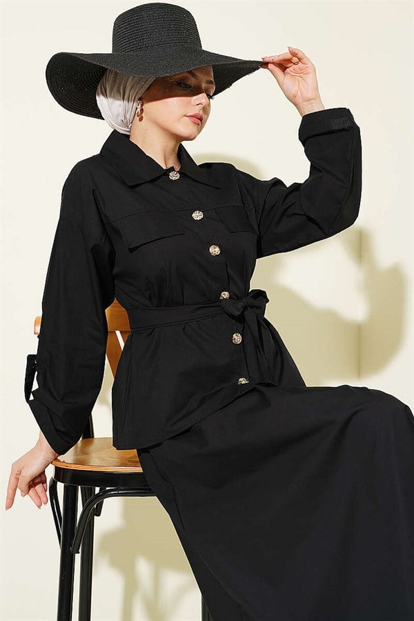 Black Skirt 2 Piece Set with Pocket Flaps and Belt