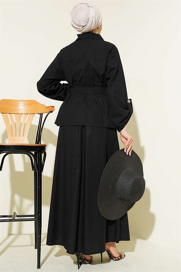 Black Skirt 2 Piece Set with Pocket Flaps and Belt