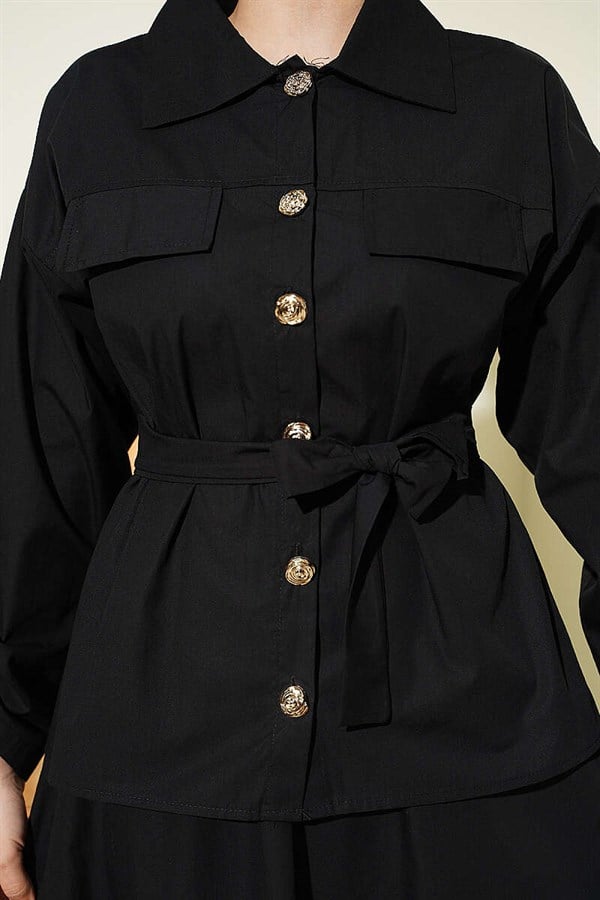 Black Skirt 2 Piece Set with Pocket Flaps and Belt