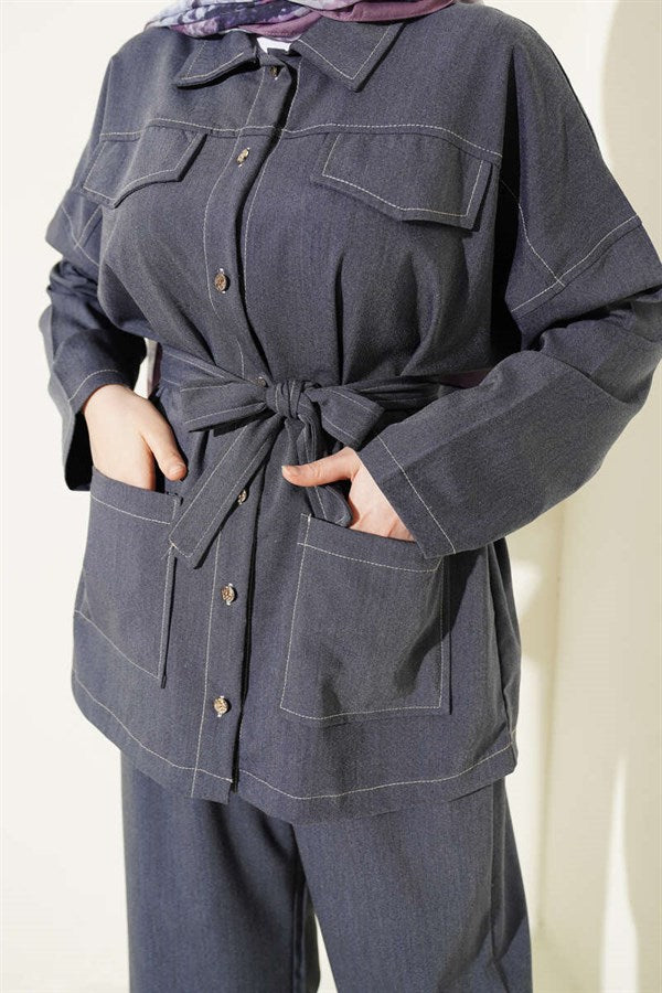 2 Piece Set with Pocket Flap and Belt, Blue