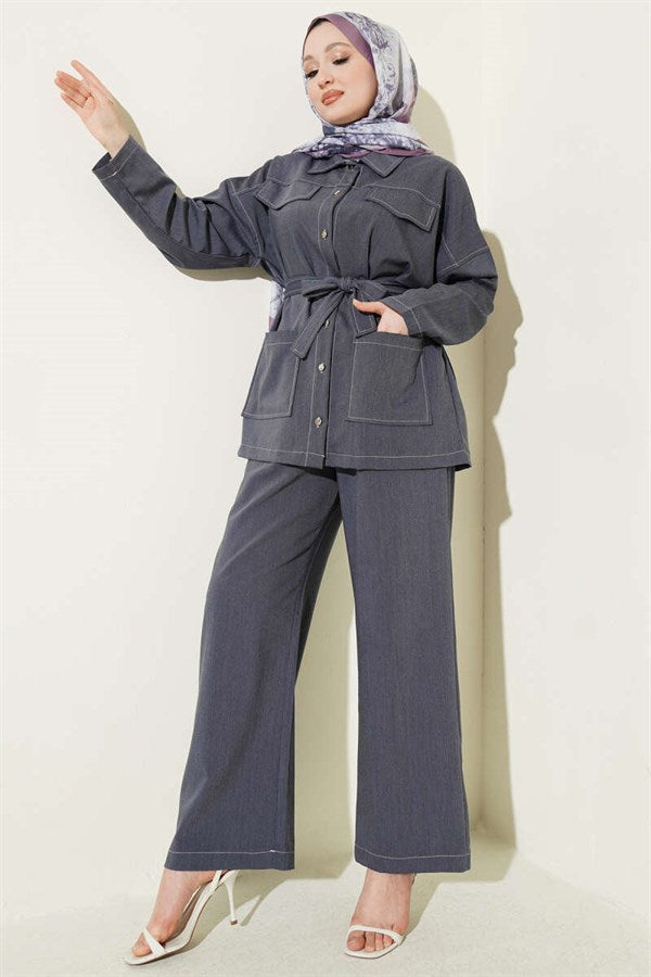 2 Piece Set with Pocket Flap and Belt, Blue