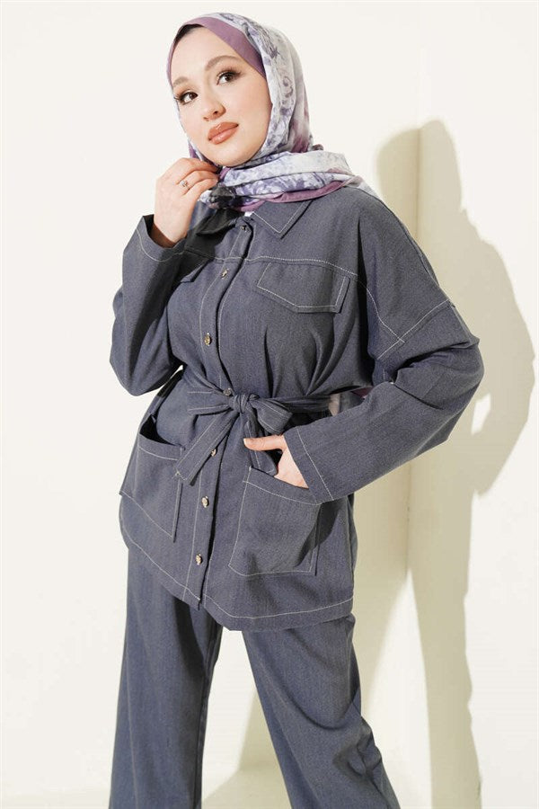 2 Piece Set with Pocket Flap and Belt, Blue