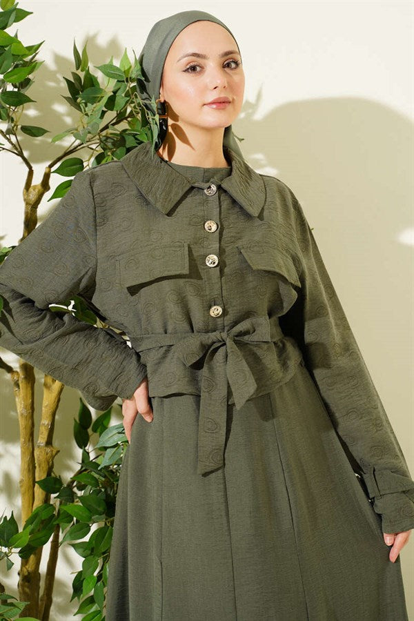 Tencel Vest 2 Piece Set with Pocket Flap and Belt, Khaki
