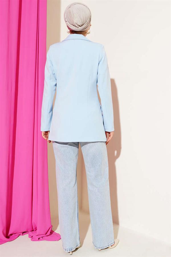 Single-Button Blazer Jacket with Pocket Flaps, Baby Blue