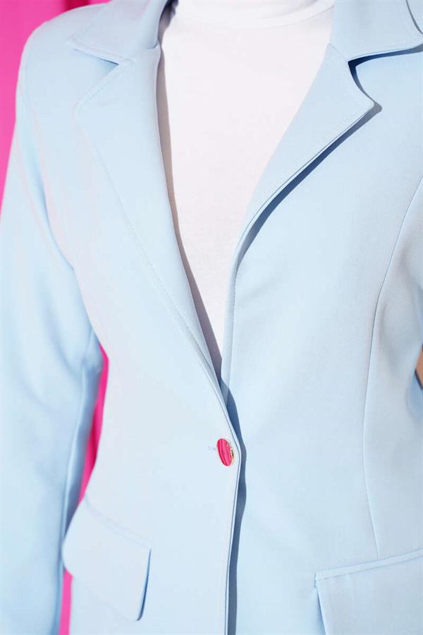 Single-Button Blazer Jacket with Pocket Flaps, Baby Blue