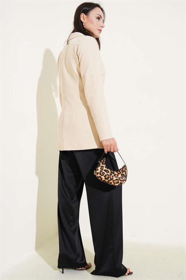 Single Button Blazer Jacket with Pocket Flaps Beige