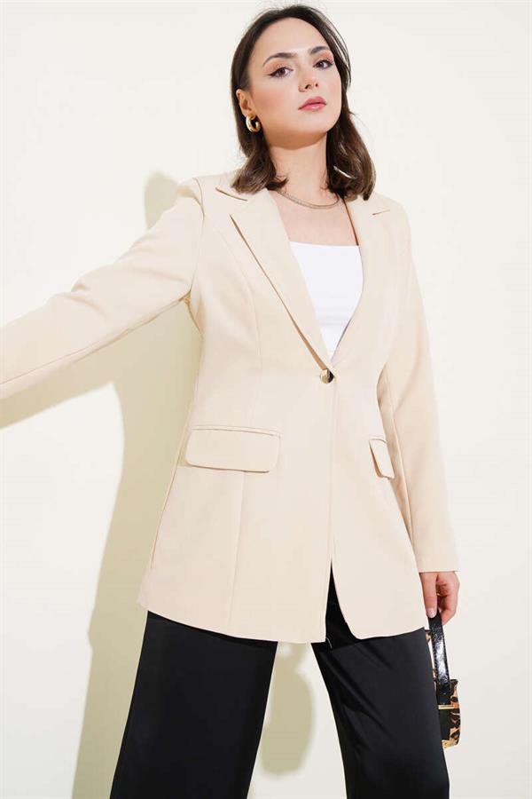Single Button Blazer Jacket with Pocket Flaps Beige