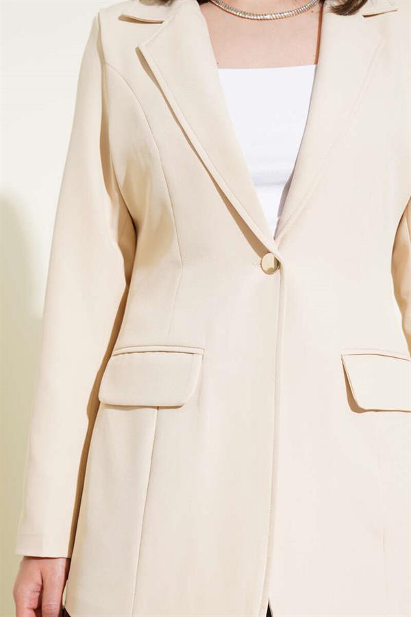 Single Button Blazer Jacket with Pocket Flaps Beige