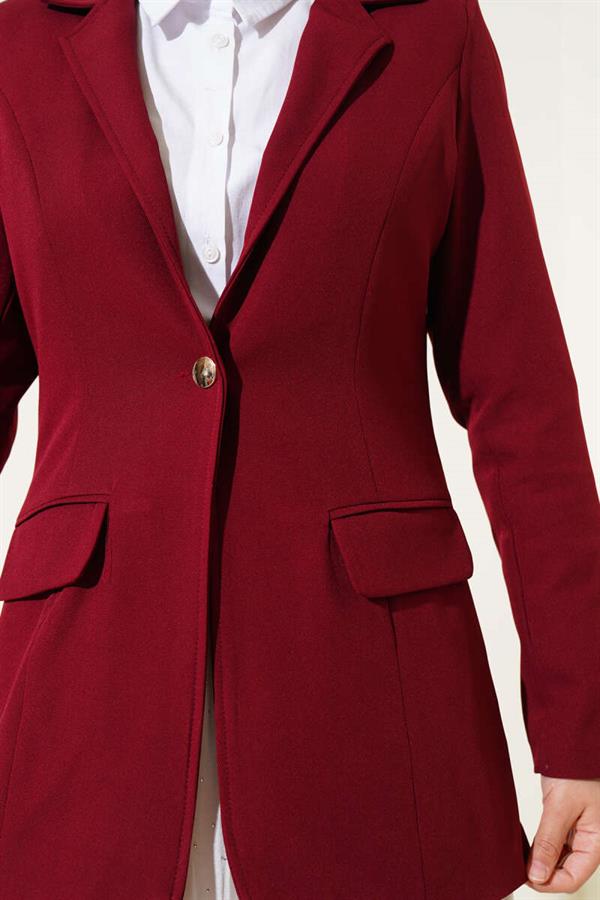 Single Button Blazer Jacket with Pocket Flaps Burgundy