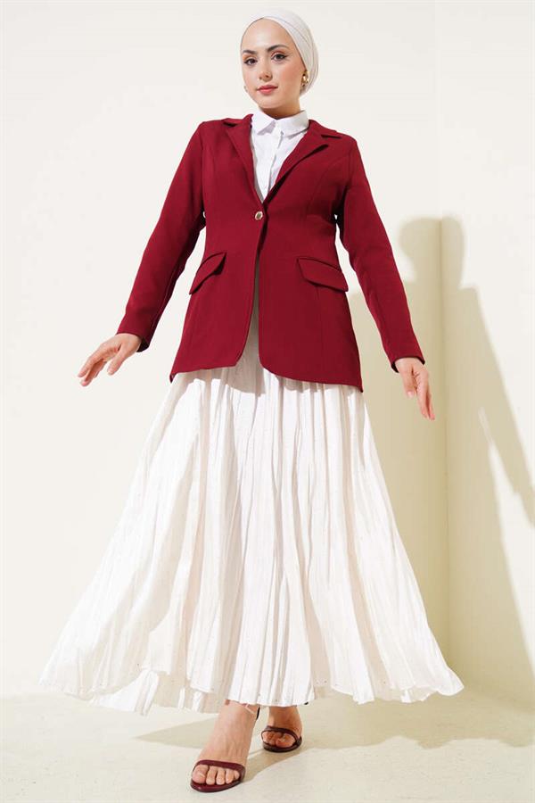 Single Button Blazer Jacket with Pocket Flaps Burgundy