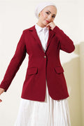 Single Button Blazer Jacket with Pocket Flaps Burgundy