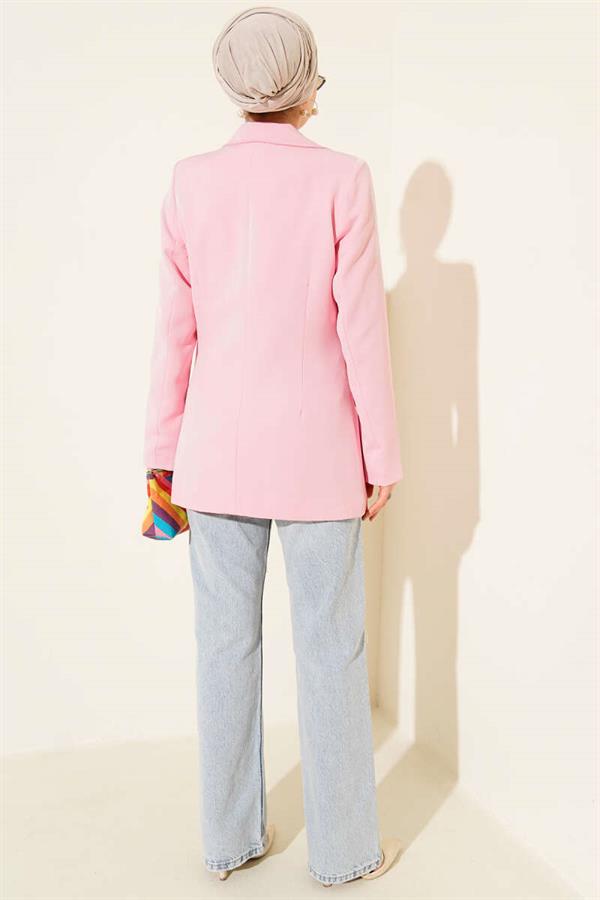 Single-Button Blazer Jacket with Pocket Flaps, Pink