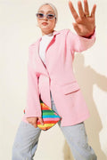 Single-Button Blazer Jacket with Pocket Flaps, Pink