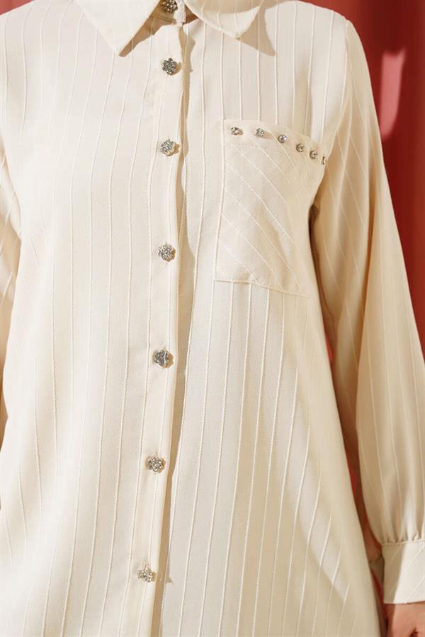 Pocket Stone Striped Shirt Beige