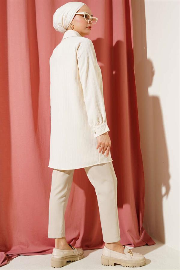 Pocket Stone Striped Shirt Beige