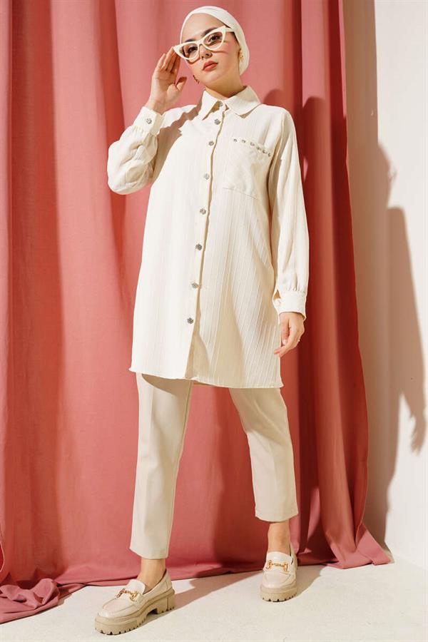 Pocket Stone Striped Shirt Beige