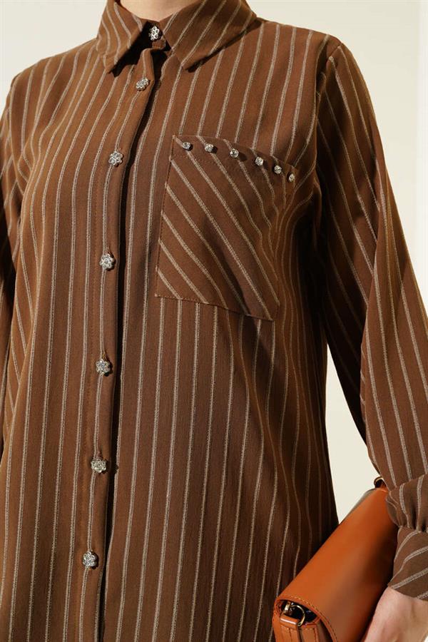 Pocket Stone Striped Shirt Brown