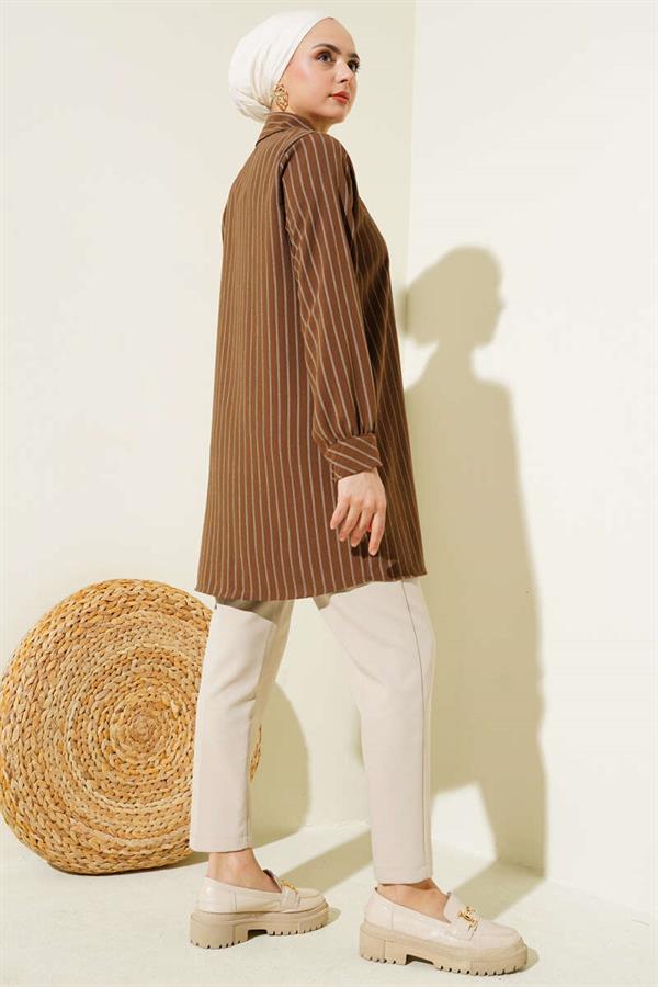 Pocket Stone Striped Shirt Brown