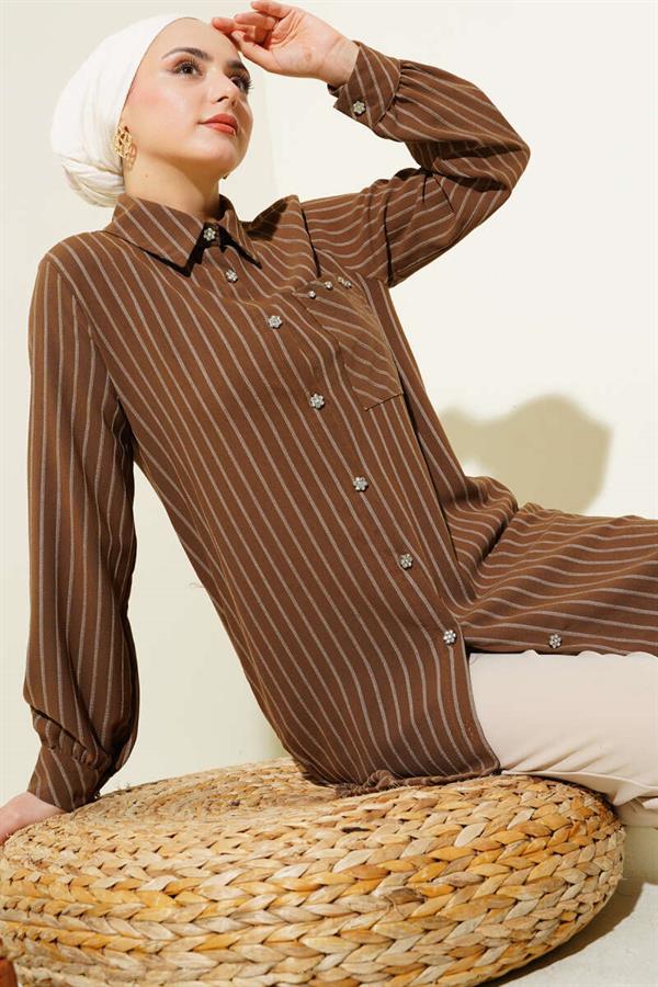 Pocket Stone Striped Shirt Brown