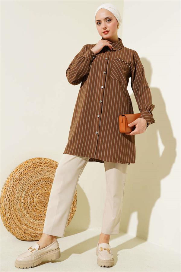 Pocket Stone Striped Shirt Brown