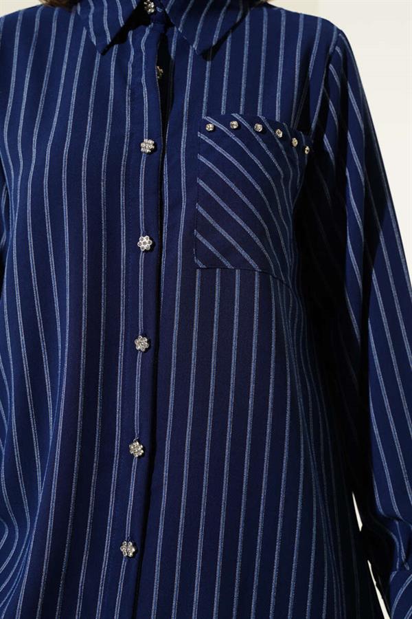 Pocket Stone Striped Shirt Navy Blue