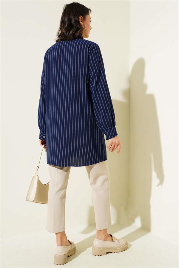 Pocket Stone Striped Shirt Navy Blue