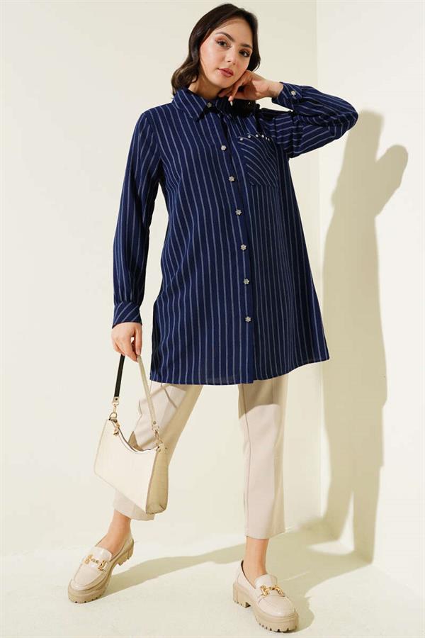 Pocket Stone Striped Shirt Navy Blue