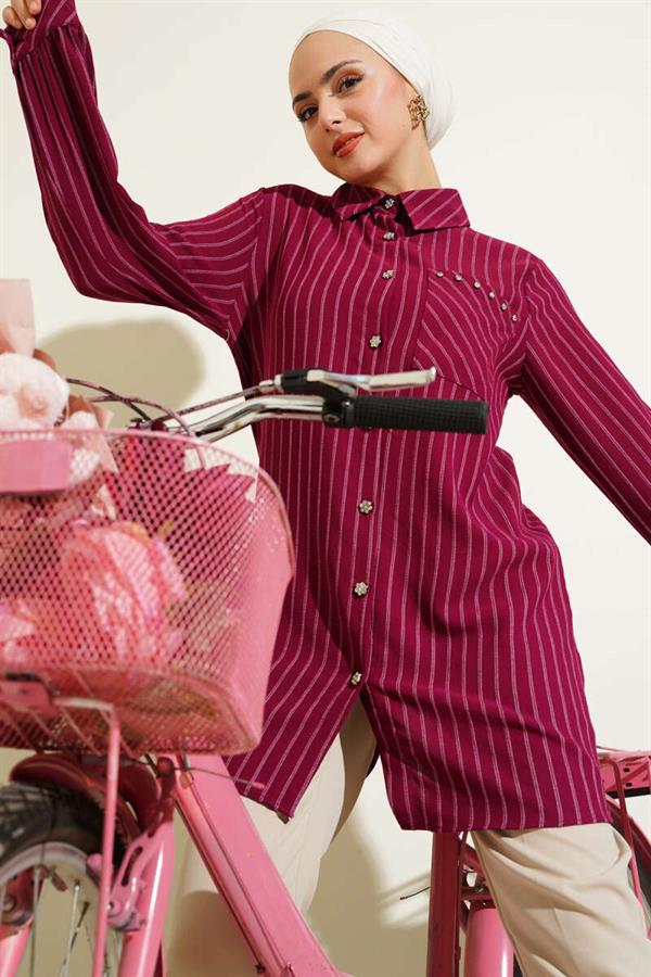 Pocket Stone Striped Shirt Plum