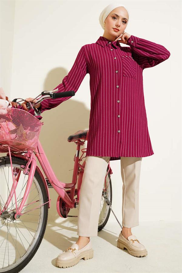 Pocket Stone Striped Shirt Plum