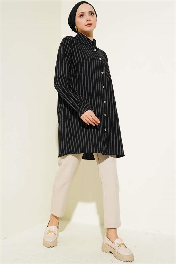Pocket Stone Striped Shirt Black