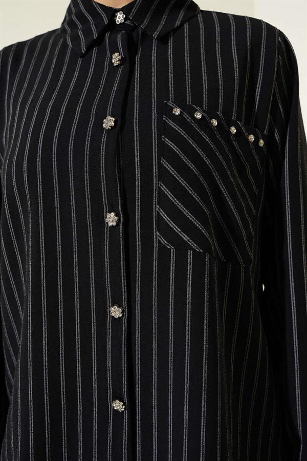 Pocket Stone Striped Shirt Black