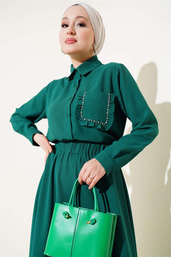 Pocket Stone Ruffle Skirted 2 Piece Set Green