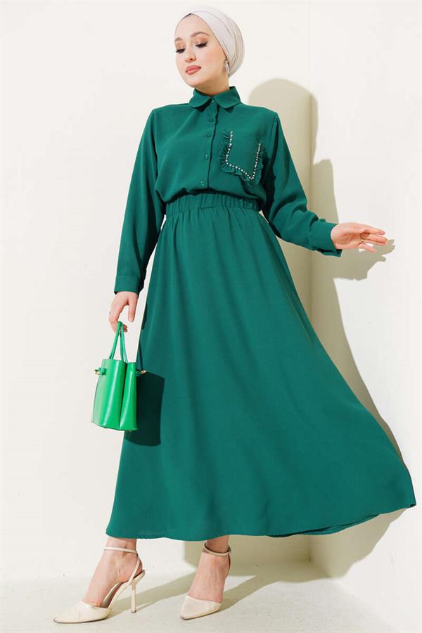 Pocket Stone Ruffle Skirted 2 Piece Set Green
